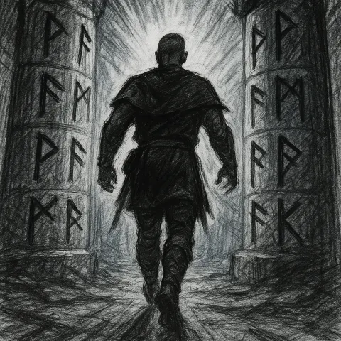 Medieval Figure with a Buzz Cut Strides Between Massive Rune-carved
