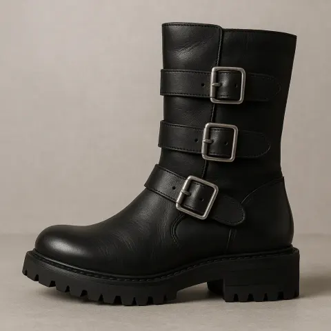 Black Leather Mid-calf Boot with Rugged Soles and Three Metallic