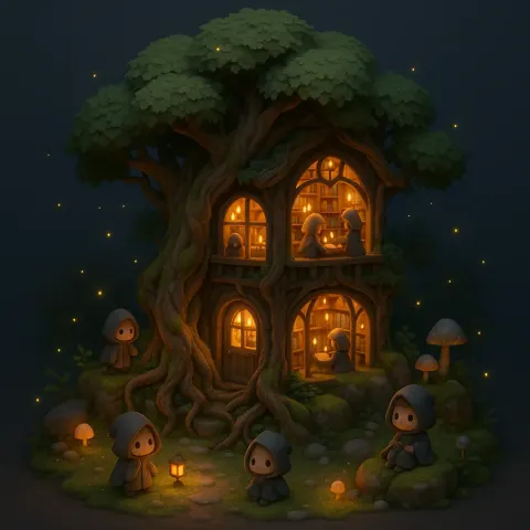 3D Chibi-style Miniature of a Mystical Library