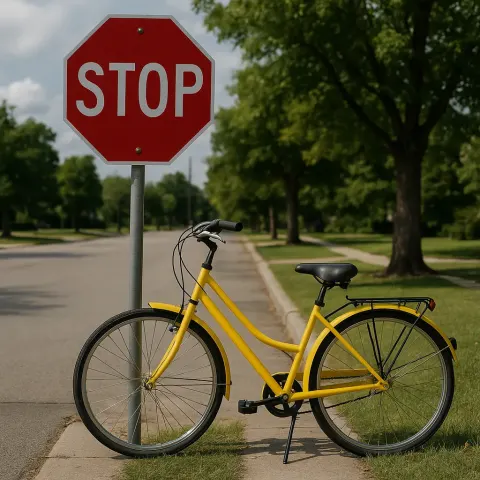 Yellow Bicycle Is Positioned Beside a Stop Sign