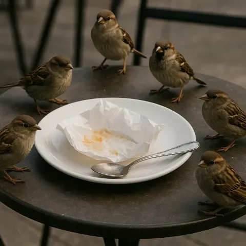 Group of Small Birds Perched on an Outdoor Table