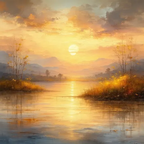 Golden Sunset Mural of Nature's Tranquil Symphony