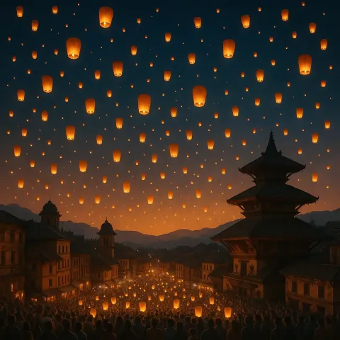 Thousands of Paper Lanterns Float Upwards into a Dusky Twilight