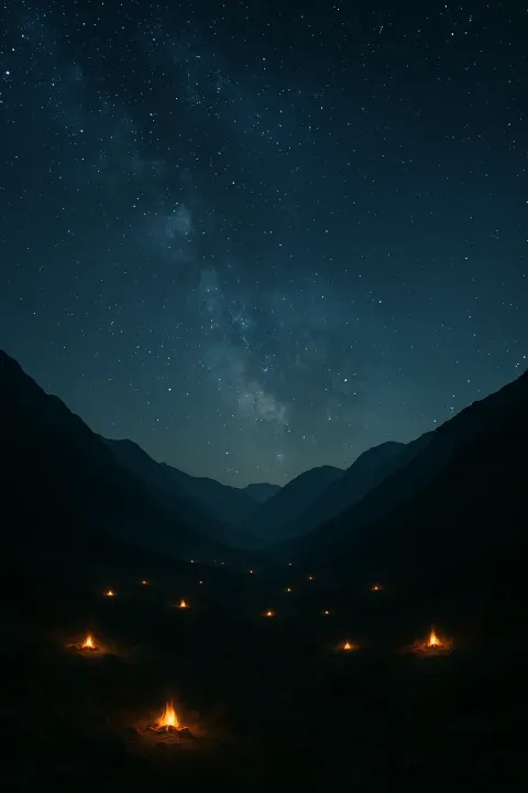 Many Distant Campfires Flicker Like Scattered Embers Across a Vast