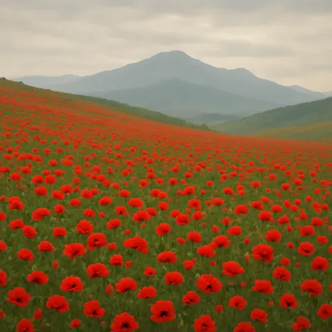 Innumerable Crimson Poppies Blanket a Rolling Green Hillside Stretching