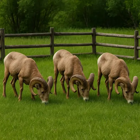 Trio of Bighorn Sheep Is Feeding in a Vibrant
