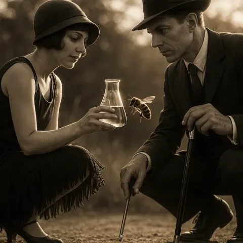 Petite Flapper's Fringed Hem Brushes by a Technologist's Gleaming Cane
