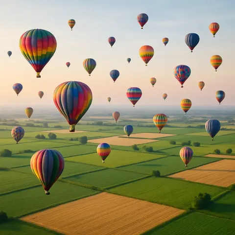 Dozens of Colorful Hot Air Balloons Drift Serenely at Various