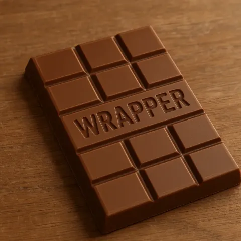 Chocolate Bar with the Word "WRAPPER" Carved into its Surface
