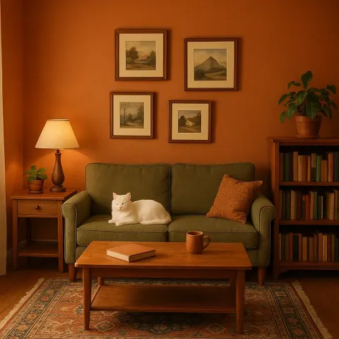 Cozy Living Room with Orange Walls