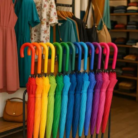 Colorful Display of Umbrellas on a Stand Inside a Shop