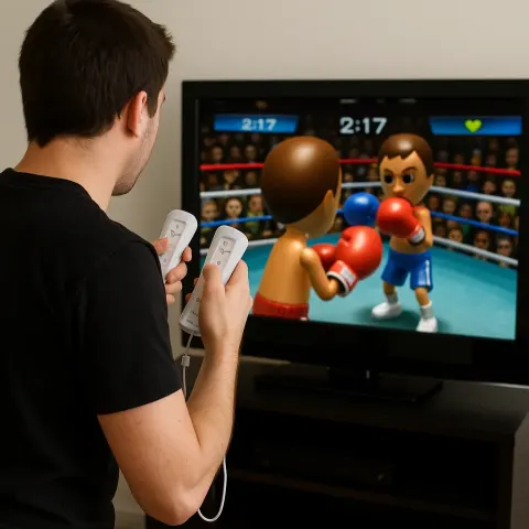 Person Is Playing a Wii Boxing Game Using Motion-controlled Remotes
