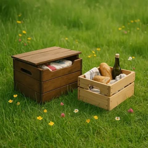 Two Wooden Crates Sit Atop a Verdant Carpet of Grass—one