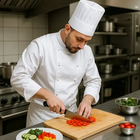 Chef in a White Uniform and Hat Prepares Food