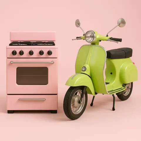Showcasing a Lime Green Motorbike Alongside a Stove in Pastel