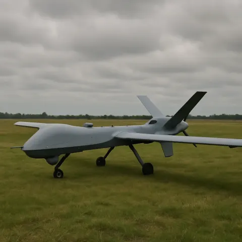 Gray Unmanned Aerial Vehicle with Large Wings Is Positioned