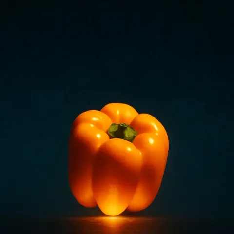 Single Sunset Orange Bell Pepper—its Taut and Firm Skin Revealing