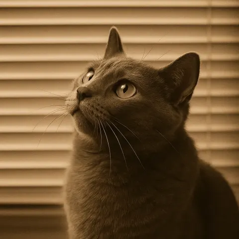 Gray Cat Looking Upwards in Front of Horizontal Blinds
