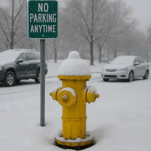 Yellow Fire Hydrant Surrounded by Snow near a Street Sign