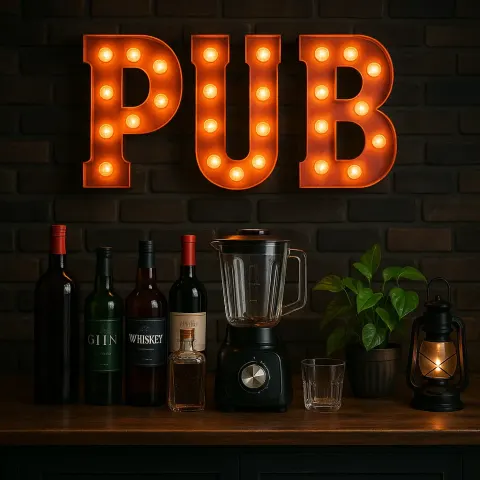 Small Bar Setup Featuring a "PUB" Sign