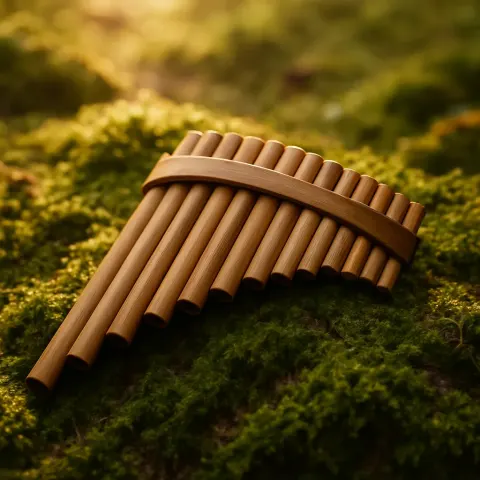 Wooden Pan Flute Set Atop a Layer of Moss