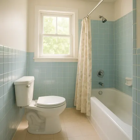 Brightly Illuminated Bathroom Displays a Spotless White Toilet Positioned Next