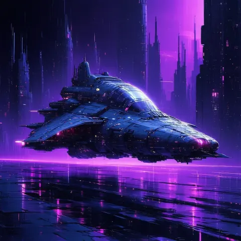 Neonpunk Spaceship Cruising a Purple Shadowed City