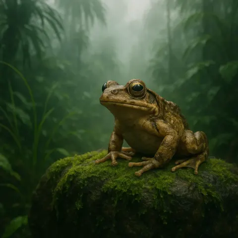 Frog Sitting Atop a Rock Covered in Moss