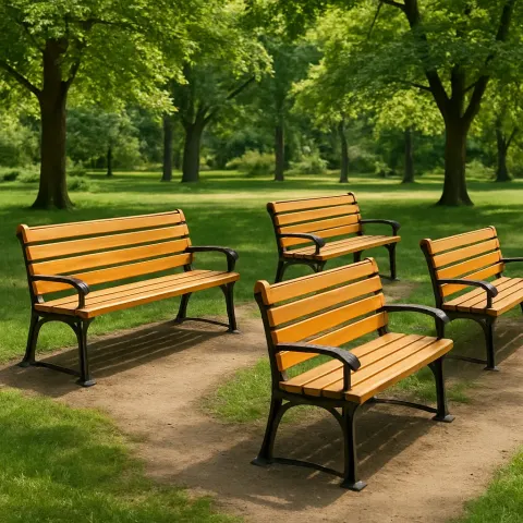 Park Environment with Four Wooden Benches Arranged Within the Scene