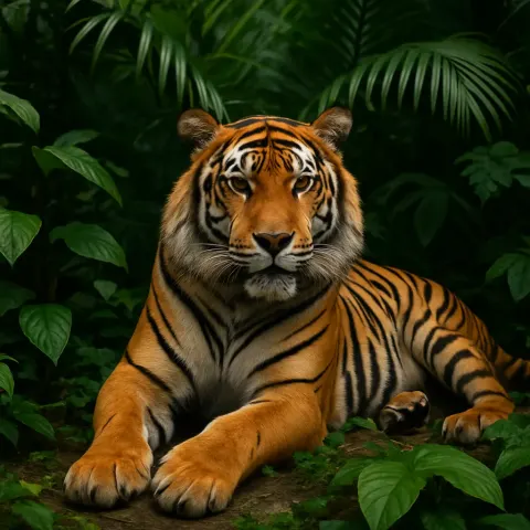 Regal Bengal Tiger Lounging Peacefully Within Vibrant