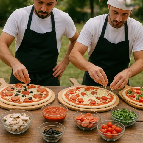Pizza Makers Preparing Fresh Pizzas on Wooden Paddles with Toppings