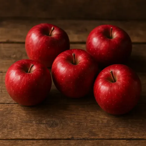 Five Red Apples Arranged on a Weathered Wooden Table