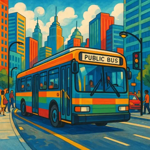 Vibrant Bus Traveling Through a Lively Urban Scene