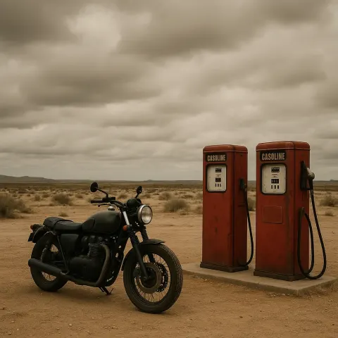 Lone Motorcycle Parked Beside Vintage Gas Pumps in a Sparse
