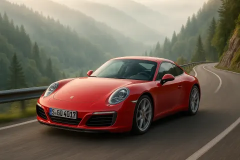 Red 2017 Porsche 911 Gliding Through a Twisting Mountain Road