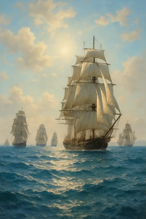 Scattered Fleet of Majestic Tall Ships with Full Sails Glides