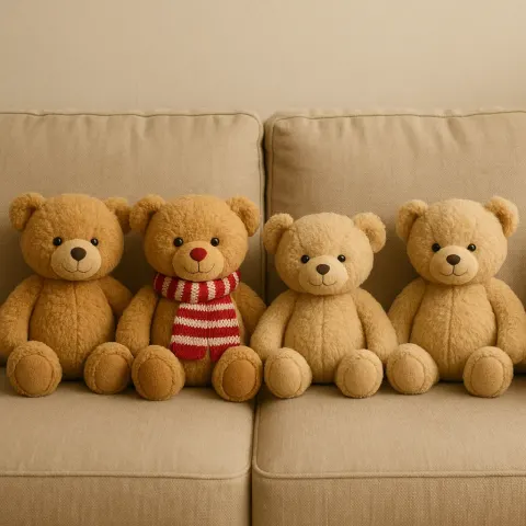 Row of Plush Teddy Bears Sitting on a Beige Sofa