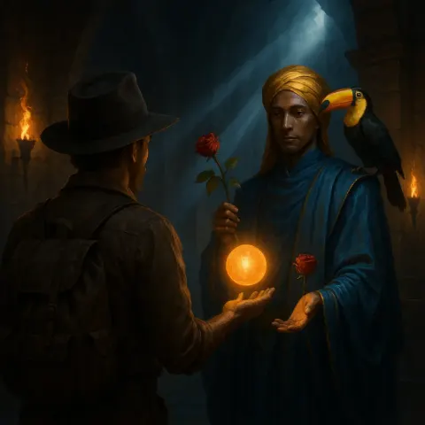 Explorer Offers a Glowing Orb to a Silk-clad Figure