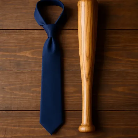Wooden Baseball Bat Positioned Next to a Necktie
