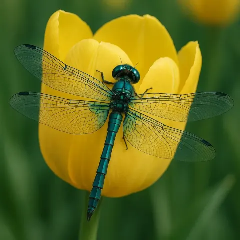 Yellow Tulip Serves as the Perch for a Teal Dragonfly