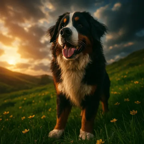 Bernese Mountain Dog on Blooming Green Foothills