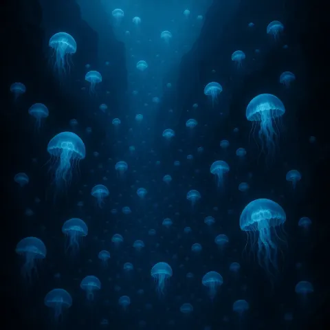 Vast Swarm of Bioluminescent Jellyfish Drifts