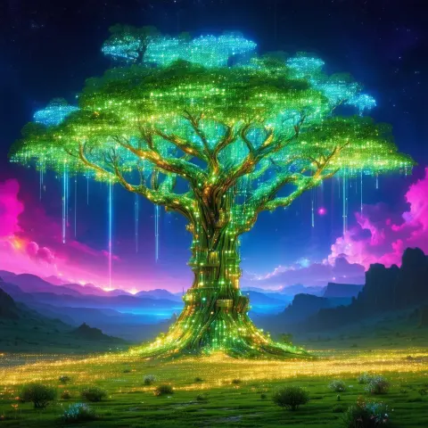 Colossal Neon Tree Blooming in Futuristic Fields