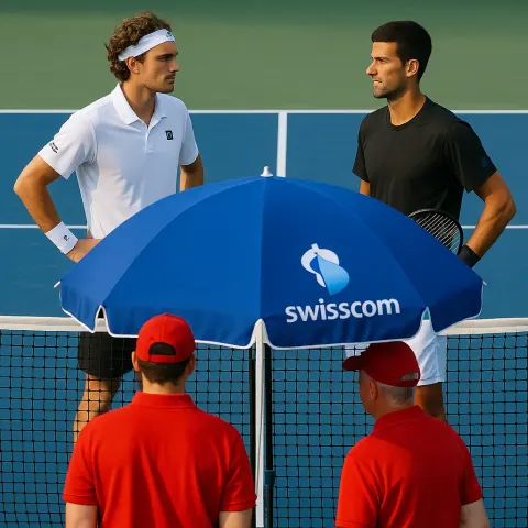 Two Individuals Stand on Opposite Sides of a Tennis Court