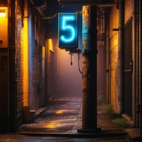 Glowing Blue Five on a Cyberpunk Alley Post