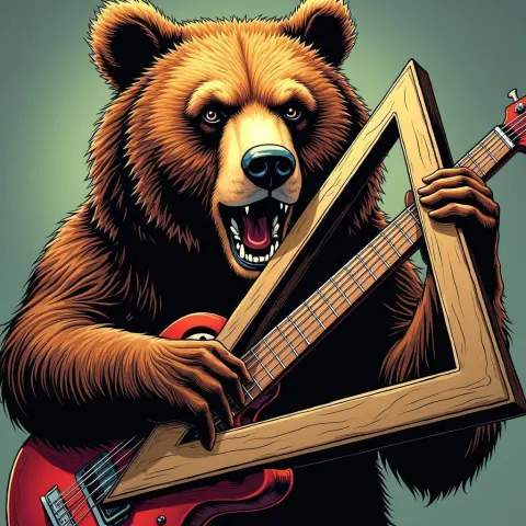 Comic Bear Strums a Wooden Triangle Guitar