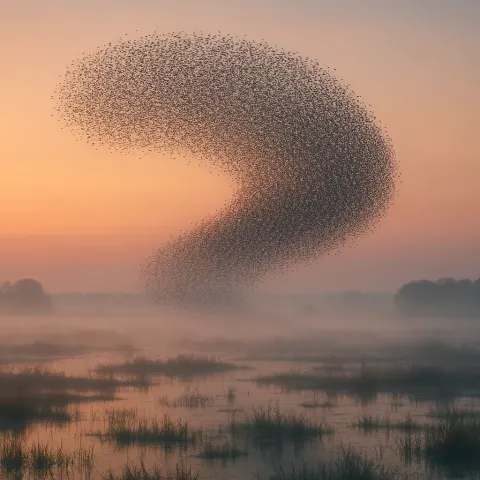 Vast Murmuration of Starlings Swirls in Unison