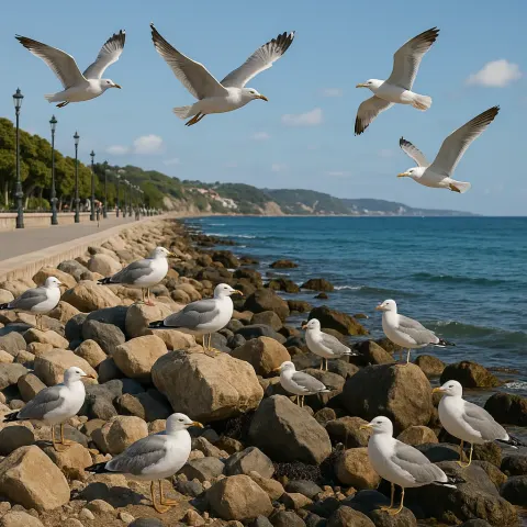 Seagulls Flying and Resting on a Rocky Beach