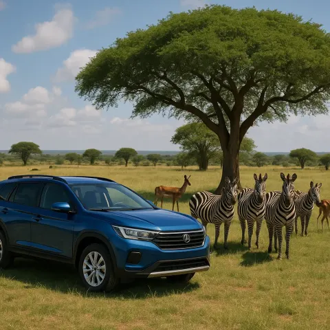 Blue SUV Parked near Zebras