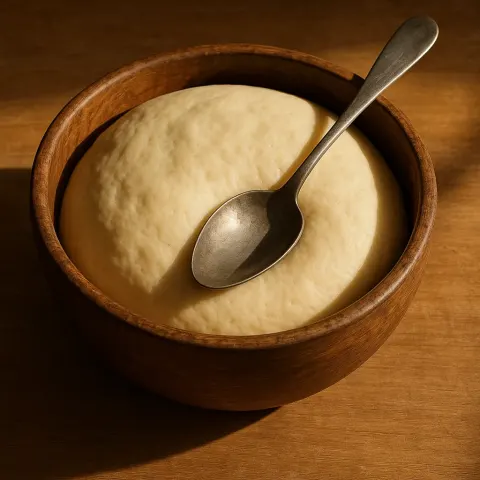 Metal Spoon Perched on the Rim of a Wooden Bowl